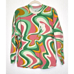 Walt Disney Womens Sweatshirt XS Pink Green Swirl Jersey Long Sleeve Shirt Retro